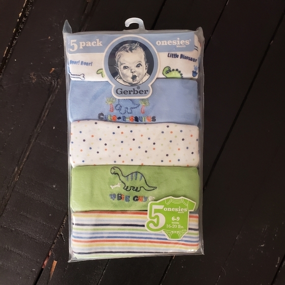 Gerber 5 Pack Onesies Baby Boy Dinosaur Stripes - Picture 1 of 1